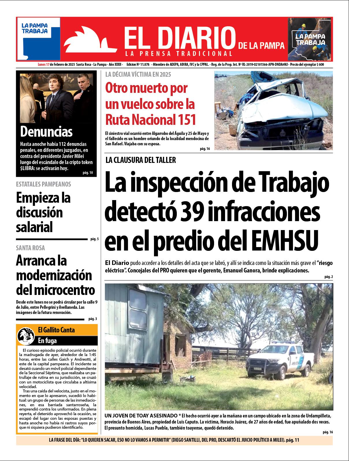 Tapa de El Diario en papel  lunes 17 de febrero de 2025